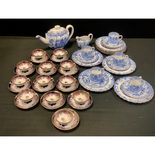 126 - A 19th century Copeland Willow pattern blue and white tea set inc coffee pot, five cups, six saucers... 