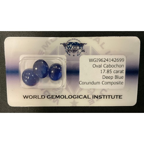 416 - three certified and security sealed synthetic Corundum sapphires cabochons, 17.85ct, WGI certificate