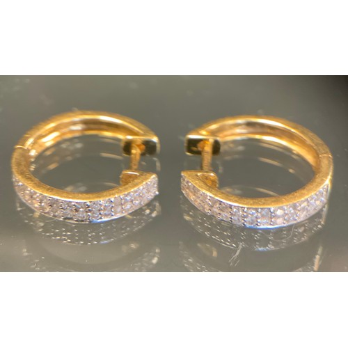 469 - A pair of diamond encrusted hoop earrings, 18ct gold mount and pillar, 14mm diameter, 3.6g gross