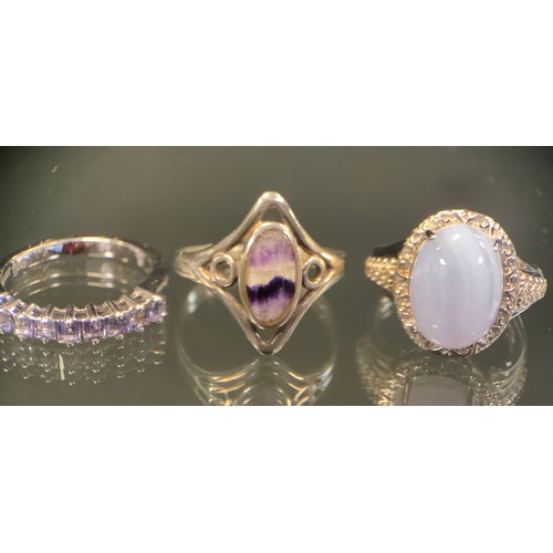 481 - A 925 silver mounted blue john panel ring, London 2000; others garnet, pale amethyst, agate, Cz, Rub... 