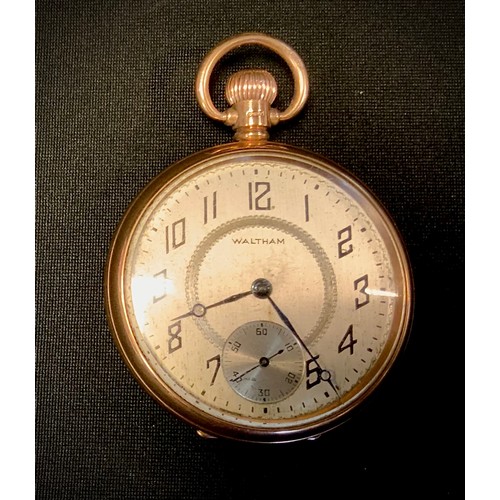 488 - A 9ct gold open face Waltham Pocket watch, Birmingham 1927, silver dial, Arabic numerals, subsidiary... 