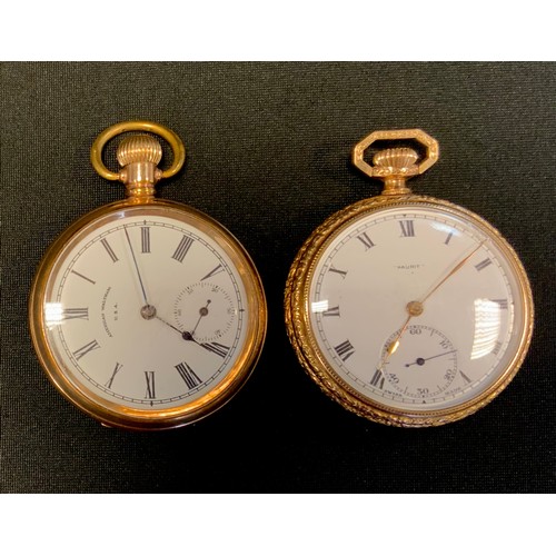 489 - A Waltham giold plated open face pocket watch, white enamel dial, bold Roman numerals, subsidiary se... 