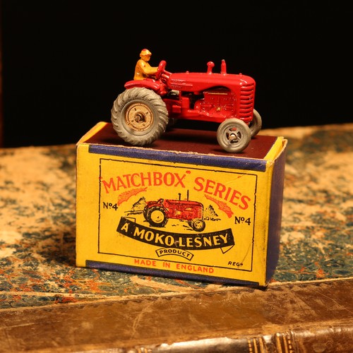 3 - Matchbox '1-75' series diecast model 4a Massey Harris tractor, red body with rear mudguards, seated ... 
