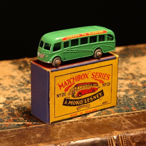 19 - Matchbox '1-75' series diecast model 21a Bedford coach, green body and base, red and yellow 'LONDON ... 