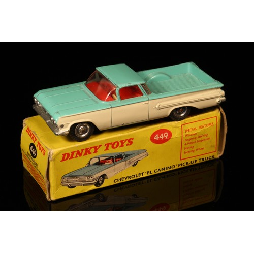 50 - Dinky Toys 449 Chevrolet 'El Camino' pick-up truck, two tone  off-white and turquoise body, red inte... 