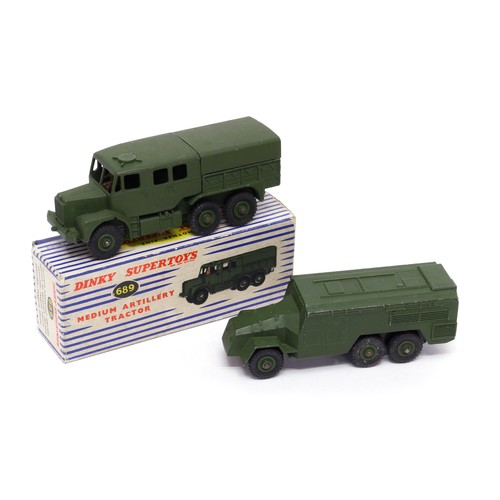 52 - Dinky Supertoys 689 medium artillery tractor, military green body, painted seated driver figure to i... 