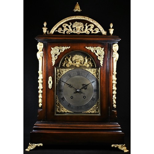 960 - A George II style gilt metal mounted mahogany bracket clock, 18.5cm arched brass dial with silvered ... 