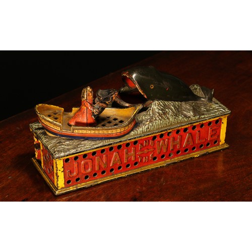 215 - Americana - a late 19th century painted cast iron mechanical money box or bank, Jonah and the Whale,... 