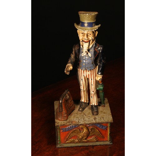 210 - Americana - a late 19th century painted cast iron mechanical money box or bank, Uncle Sam Bank, mode... 