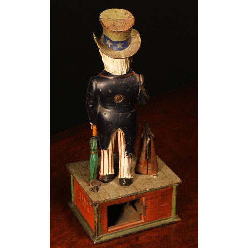 210 - Americana - a late 19th century painted cast iron mechanical money box or bank, Uncle Sam Bank, mode... 