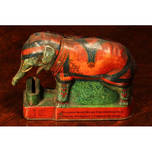 220 - An early 20th century novelty tinplate money box or bank, Royal Trick Elephant Bank, modelled as a E... 