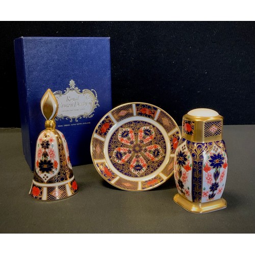 5 - Royal Crown Derby - 1128 Imari table bell, boxed,  sugar castor , trinket dish, all firsts (3)