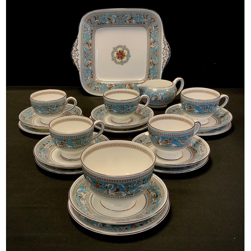 8 - A Wedgwood turquoise Florentine pattern part dinner set, comprising five cups, six saucers, six side... 