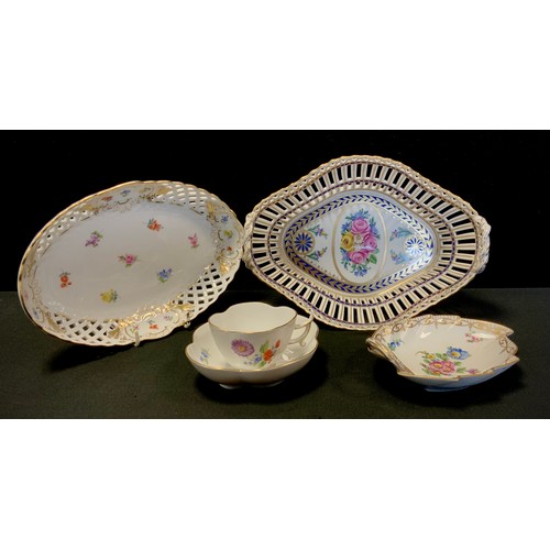 12 - A Dresden shaped oval basket, decorated with pink, yellow and white flowers and roses, within gilt a... 