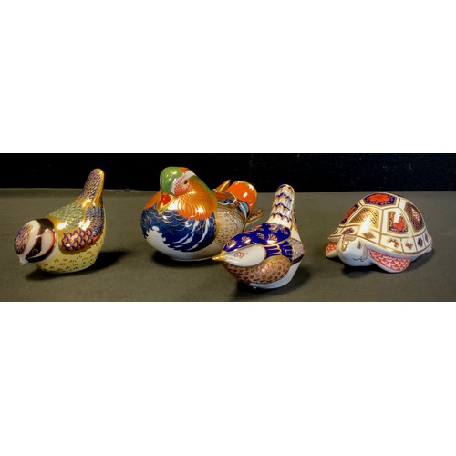 17 - A Royal Crown Derby Paperweight, Wren, another Blue tit, both gold stoppers, others  Mandarin Duck, ... 