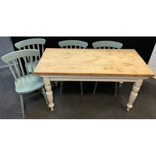 20 - A pine kitchen table, thick plank top, white painted base, turned legs, 76cm high x 152cm x 75.5cm; ... 