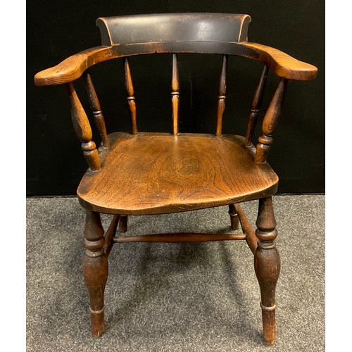 26 - A 19th century elm Windsor back smoker's bow desk armchair, maker's stamp CR, c.1850