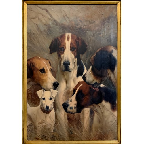 27 - After Thomas Blinks (1860-1912), Four Hounds and a Terrier, oleograph, 76cm x 50.5cm (98cm x 71.5cm ... 