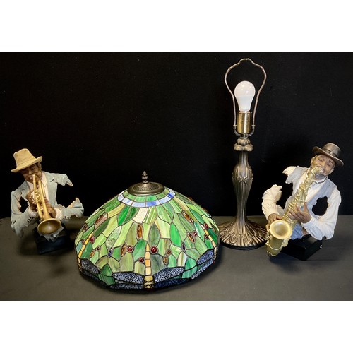 60 - A Tiffany style lamp, leaded shade decorated green shade with a border of dragonflies, 60cm high ; a... 