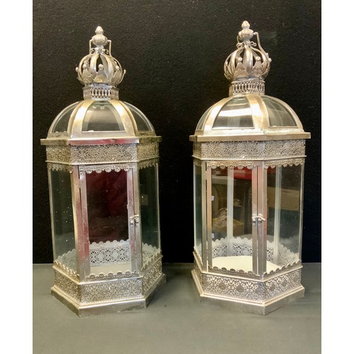 70 - A pair of silver plated crown top hexagonal lanterns, approx 75cm high, 28cm wide, (2)