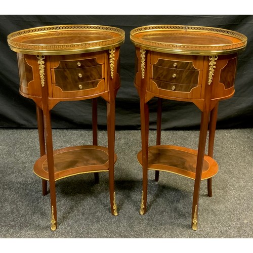 80 - A pair of inlaid oval louis XV style side tables, gilt galleried top, three narrow drawer frieze, ta... 