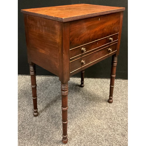 83 - A 19th century mahogany workbox cabinet, possibly Scottish, hinged top with reeded edge, over a grad... 