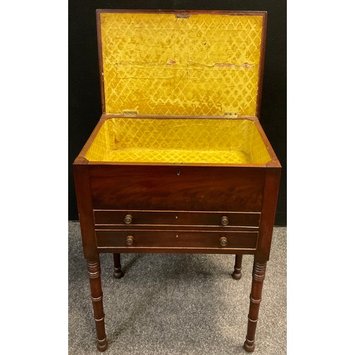 83 - A 19th century mahogany workbox cabinet, possibly Scottish, hinged top with reeded edge, over a grad... 