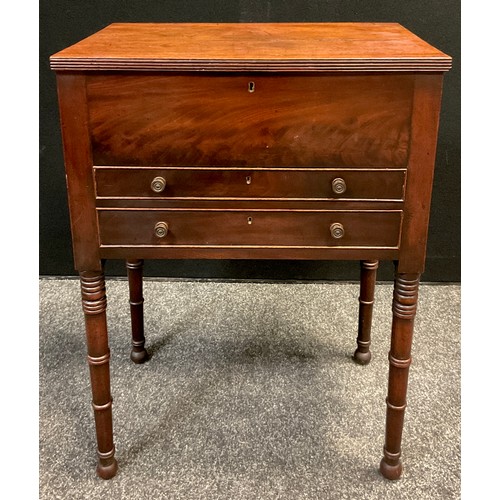 83 - A 19th century mahogany workbox cabinet, possibly Scottish, hinged top with reeded edge, over a grad... 