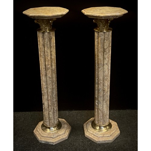 85 - A pair of classical style beige marble columns, with octagonal tops, reeded columns, 101cm high x 29... 