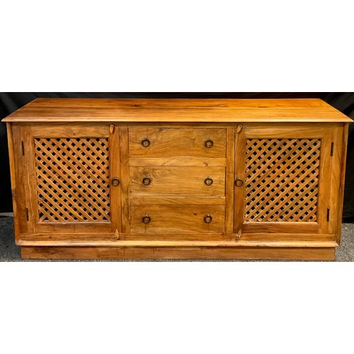 100 - An Contemporary exotic hardwood sideboard, over-sailing top, above three central drawers, flanked by... 