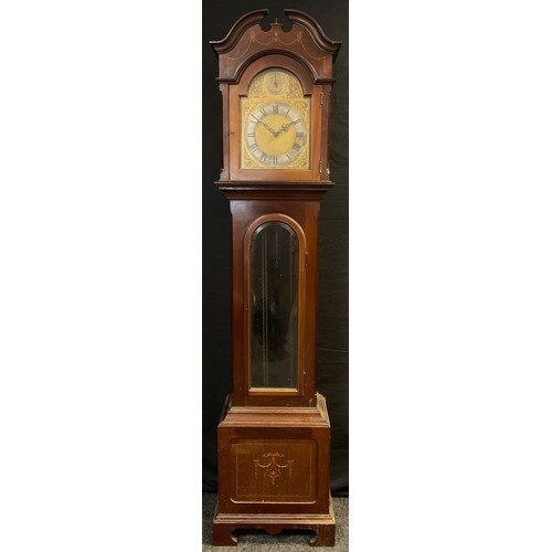 102 - A 20th century mahogany Longcase clock, brass and silvered dial, with Westminster, St. Michael, and ... 