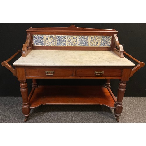 111 - A Victorian mahogany wash-stand, three-quarter galleried back with Minton’s style blue-and-white til... 