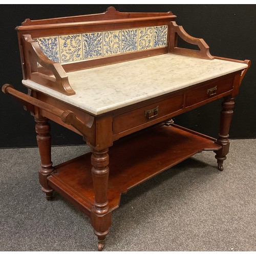 111 - A Victorian mahogany wash-stand, three-quarter galleried back with Minton’s style blue-and-white til... 