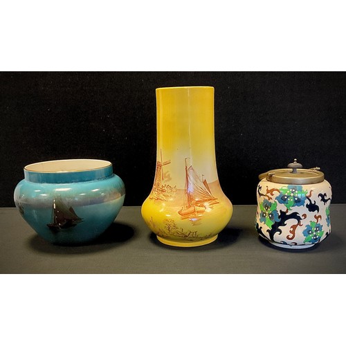 198 - The Foley Faience 'Windmills and Boats' yellow baluster vase, 31cm tall, Wileman and Co blue planter... 