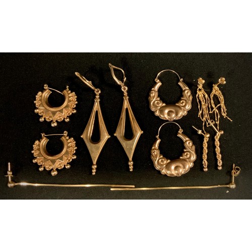 524 - A pair of 9ct gold drop earrings, stamped 375, others, 7.8g gross (4 pairs);  others unmarked yellow... 