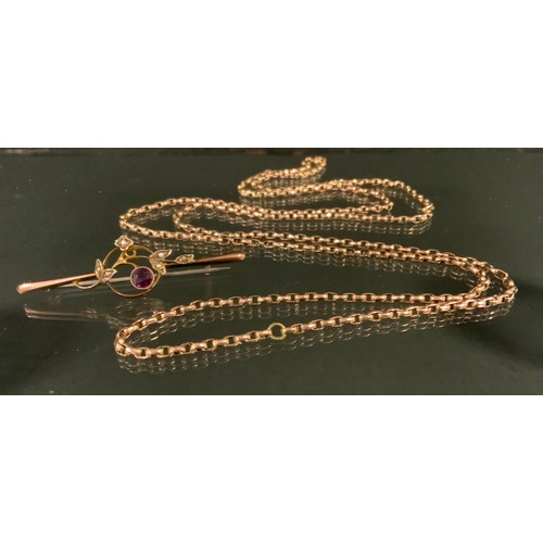 528 - A Victorian unmarked rose metal guard chain necklace, 11.6g;  an amethyst and seed pearl floral spra... 