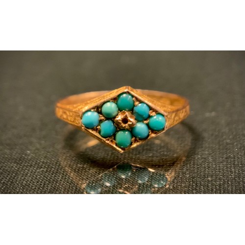 566 - A 15ct gold signet ring, diamond lozenge crest set with eight turquoise cabochons, stamped .625, 15,... 