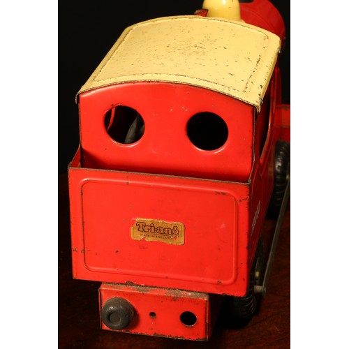 224 - A 1950's Tri-ang 'Puff-Puff' pressed steel floor locomotive, red body with cream roof, No.73000 deca... 