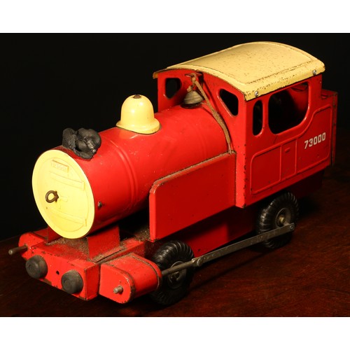 224 - A 1950's Tri-ang 'Puff-Puff' pressed steel floor locomotive, red body with cream roof, No.73000 deca... 