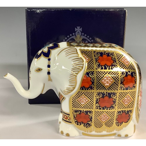 3 - A Royal Crown Derby paperweight, Elephant, decorated in the 1128 Imari palette, trunk raised, gold s... 