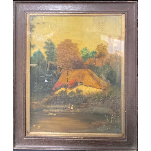 33 - Jarvis Chamberlain  
Cottage with Figures and Ducks on a Lake  
signed, oil