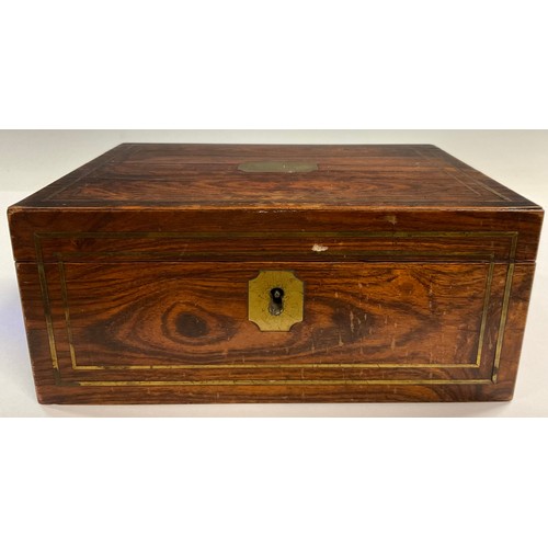 69 - A Regency rosewood and brass inlaid rectangular work box, fitted interior, c.1820