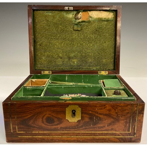 69 - A Regency rosewood and brass inlaid rectangular work box, fitted interior, c.1820