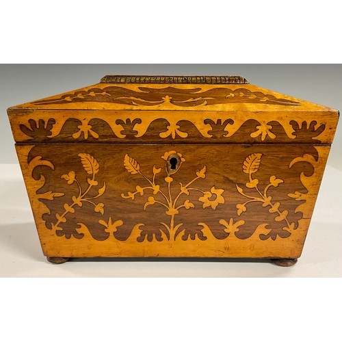 71 - A Victorian birdseye maple and walnut Killarney type marquetry sarcophagus shaped tea caddy, the cov... 