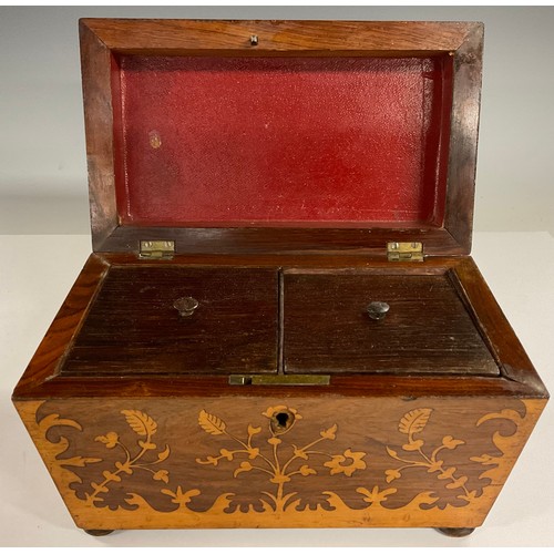 71 - A Victorian birdseye maple and walnut Killarney type marquetry sarcophagus shaped tea caddy, the cov... 