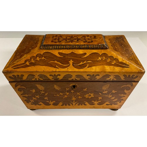 71 - A Victorian birdseye maple and walnut Killarney type marquetry sarcophagus shaped tea caddy, the cov... 