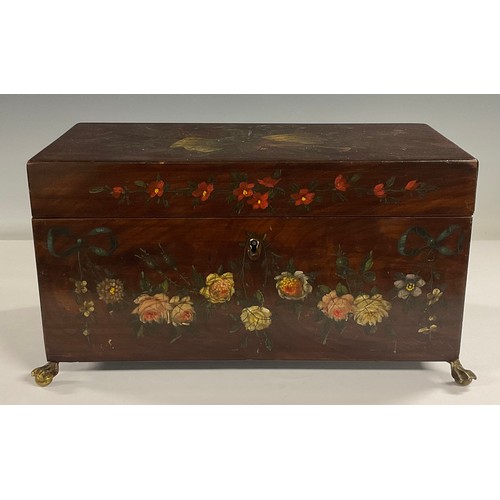 72 - A GIII rectangular mahogany tea caddy, later painted with ribbon tied musical trophies and floral sw... 