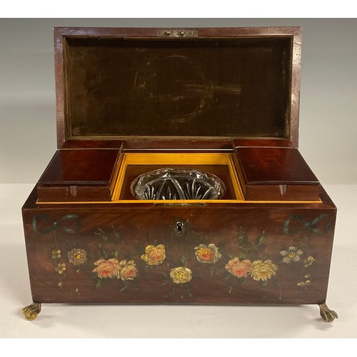 72 - A GIII rectangular mahogany tea caddy, later painted with ribbon tied musical trophies and floral sw... 