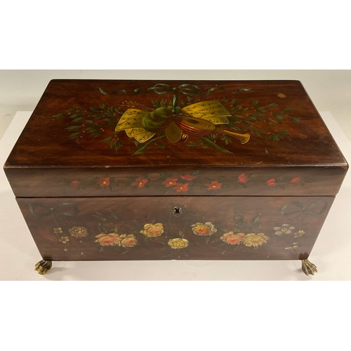 72 - A GIII rectangular mahogany tea caddy, later painted with ribbon tied musical trophies and floral sw... 