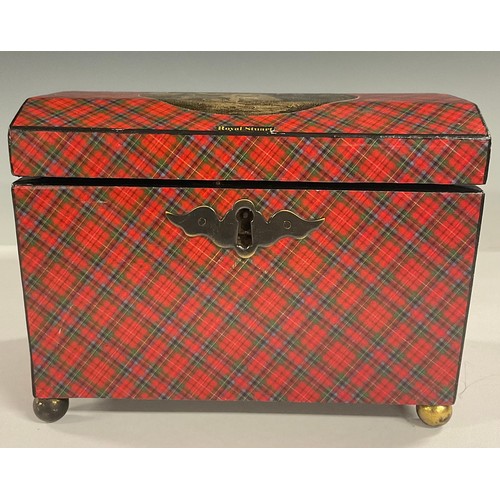 73 - A 19th century domed rectangular royal Stuart tartanware tea caddy; the interior with two lidded com... 